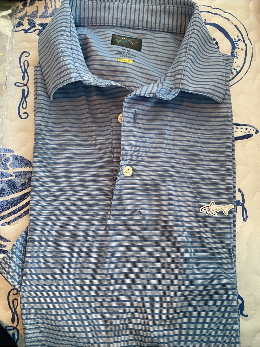 Greg Norman Collection Light Blue Striped Polo with Shark Patch